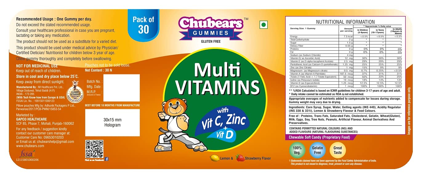 Chubears VITAMIN gummy for kids I 100% vegetarian I created by DOCTORS